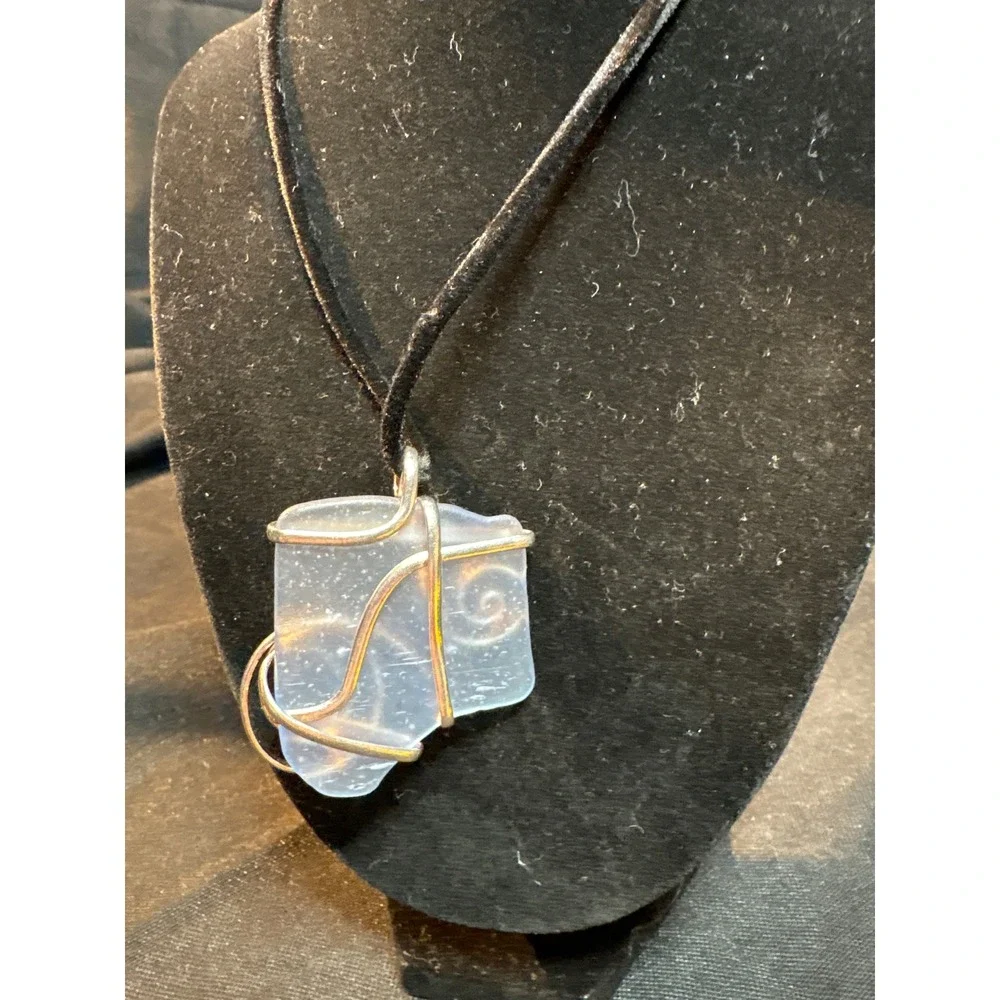 Handcrafted Blue Sea Glass Wire Wrapped‎ Pendant Necklace